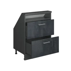 Küchenschrank für Dachschrägen R-Line Schwarz Beton 60 cm mit 2 Schubladen Vicco