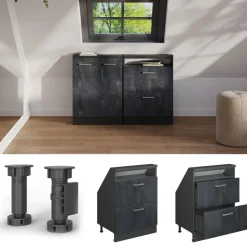 Küchenschrank für Dachschrägen R-Line Schwarz Beton 60 cm mit 2 Schubladen Vicco