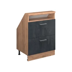 Küchenschrank für Dachschrägen R-Line Schwarz Beton 60 cm mit 2 Schubladen Vicco