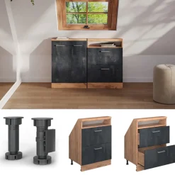 Küchenschrank für Dachschrägen R-Line Schwarz Beton 60 cm mit 2 Schubladen Vicco