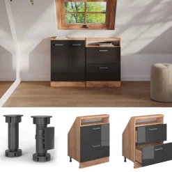 Küchenschrank für Dachschrägen R-Line Anthrazit Hochglanz 60 cm mit 2 Schubladen Vicco