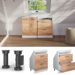 Küchenschrank für Dachschrägen R-Line Goldkraft Eiche 60 cm mit 2 Schubladen Vicco