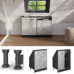 Küchenschrank für Dachschrägen R-Line Beton 60 cm mit 2 Türen Vicco