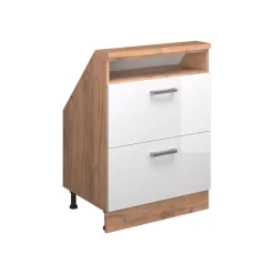 Küchenschrank für Dachschrägen R-Line Weiß Hochglanz 60 cm mit 2 Schubladen Vicco