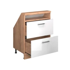 Küchenschrank für Dachschrägen R-Line Weiß Hochglanz 60 cm mit 2 Schubladen Vicco
