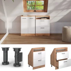 Küchenschrank für Dachschrägen R-Line Weiß Hochglanz 60 cm mit 2 Schubladen Vicco