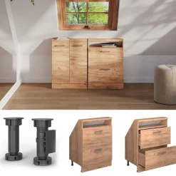 Küchenschrank für Dachschrägen R-Line Goldkraft Eiche 60 cm mit 2 Schubladen Vicco