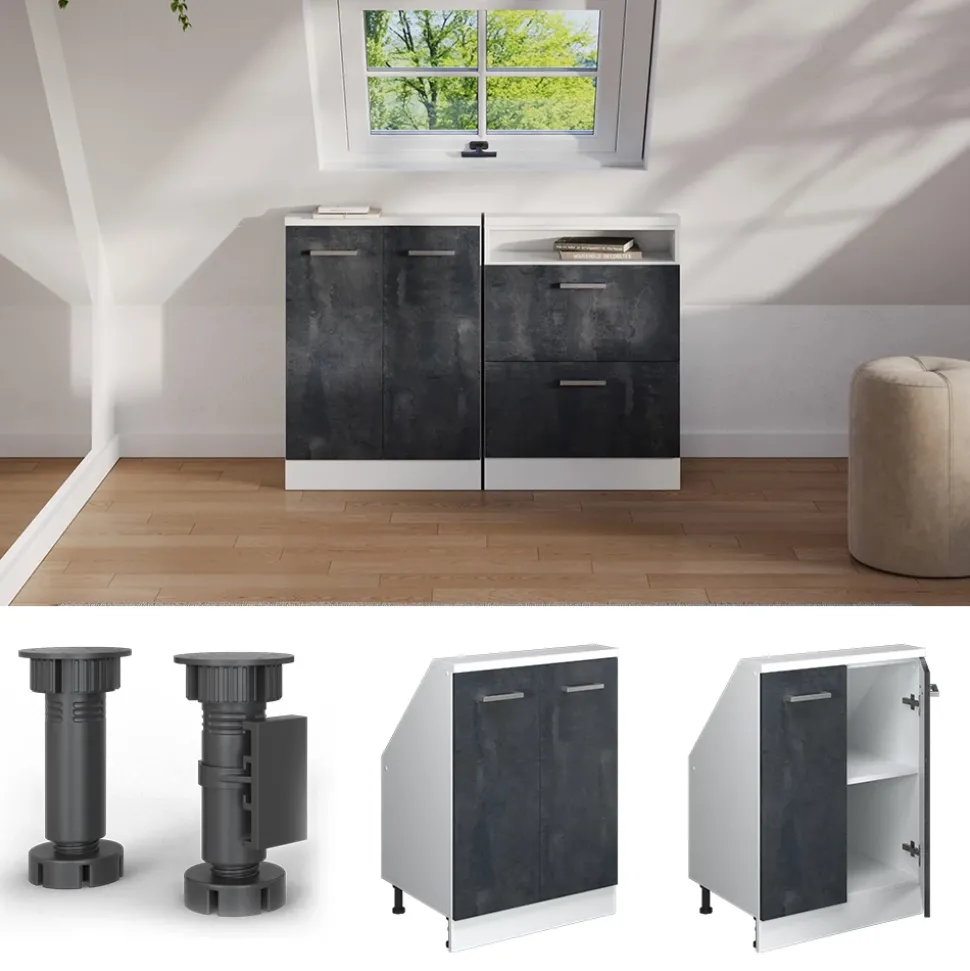 Küchenschrank für Dachschrägen R-Line Schwarz Beton 60 cm mit 2 Türen Vicco