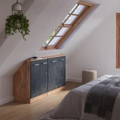 Küchenschrank für Dachschrägen R-Line Schwarz Beton 140 cm 2er Set Vicco