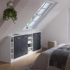 Küchenschrank für Dachschrägen R-Line Schwarz Beton 215 cm 5er Set Vicco