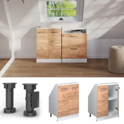 Küchenschrank für Dachschrägen R-Line Goldkraft Eiche 60 cm mit 2 Türen Vicco