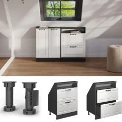 Küchenschrank für Dachschrägen R-Line Weiß Landhaus 60 cm mit 2 Schubladen Vicco