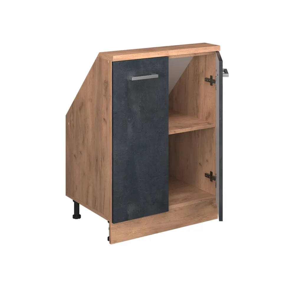 Küchenschrank für Dachschrägen R-Line Schwarz Beton 60 cm mit 2 Türen Vicco