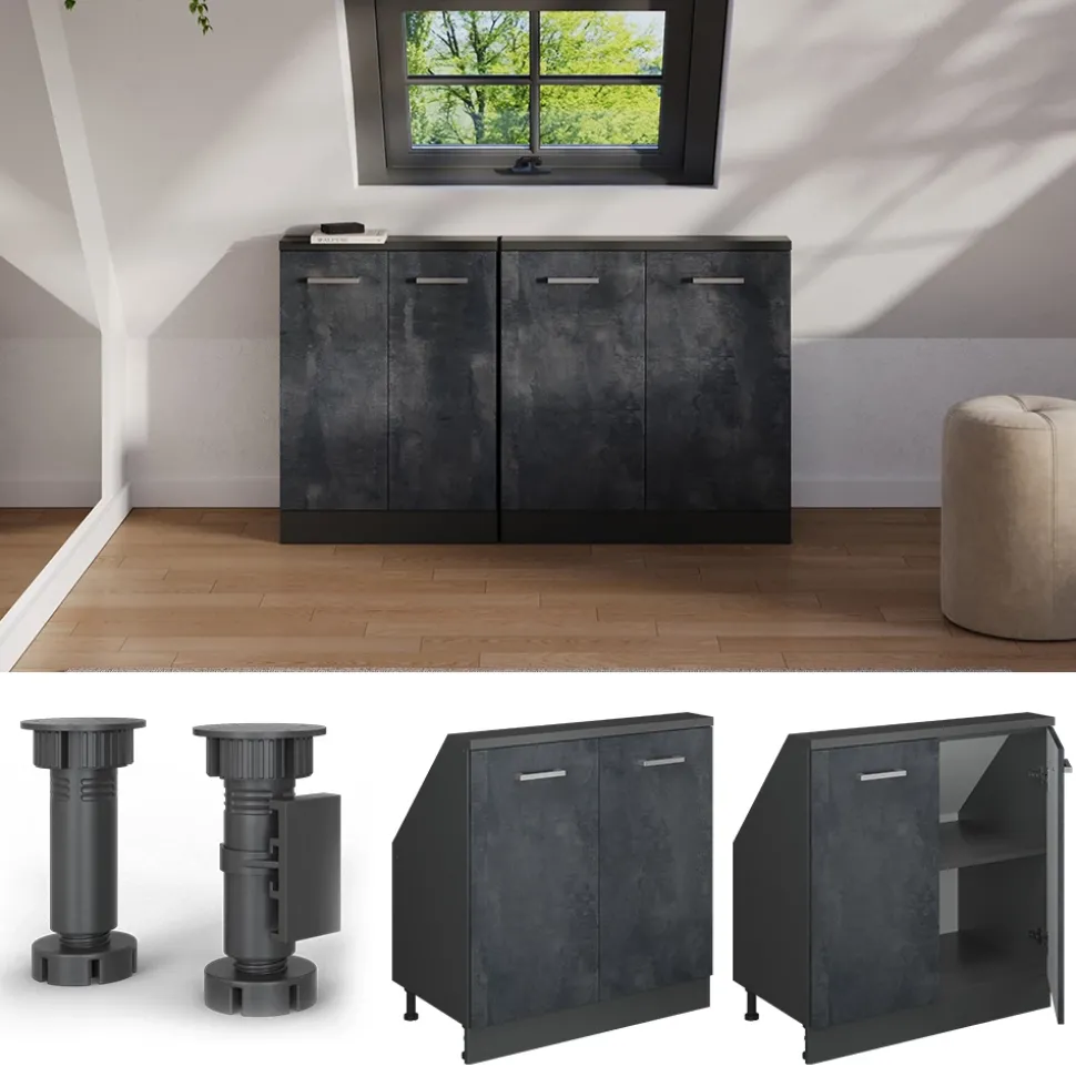 Küchenschrank für Dachschrägen R-Line Schwarz Beton 80 cm mit 2 Türen Vicco