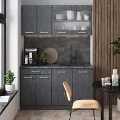 Küchenschrank für Dachschrägen R-Line Schwarz Beton 80 cm mit 2 Türen Vicco