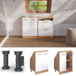 Küchenschrank für Dachschrägen R-Line Weiß Hochglanz 60 cm mit 2 Türen Vicco