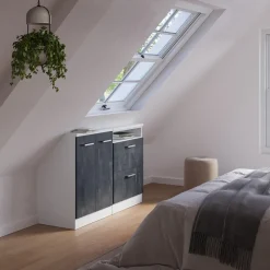 Küchenschrank für Dachschrägen R-Line Schwarz Beton 120 cm 2er Set Vicco