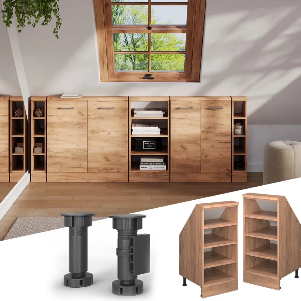 Küchenschrank für Dachschrägen R-Line Goldkraft Eiche 40 cm mit 4 Fächern Vicco