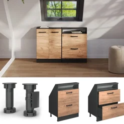 Küchenschrank für Dachschrägen R-Line Goldkraft Eiche 60 cm mit 2 Schubladen Vicco