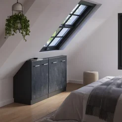 Küchenschrank für Dachschrägen R-Line Schwarz Beton 140 cm 2er Set Vicco