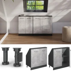 Küchenschrank für Dachschrägen R-Line Beton 80 cm mit 2 Türen Vicco