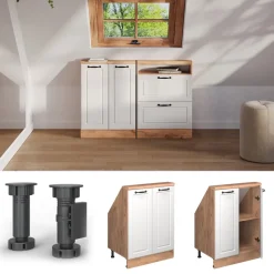 Küchenschrank für Dachschrägen R-Line Weiß Landhaus 60 cm mit 2 Türen Vicco