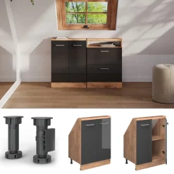 Küchenschrank für Dachschrägen R-Line Anthrazit Hochglanz 60 cm mit 2 Türen Vicco