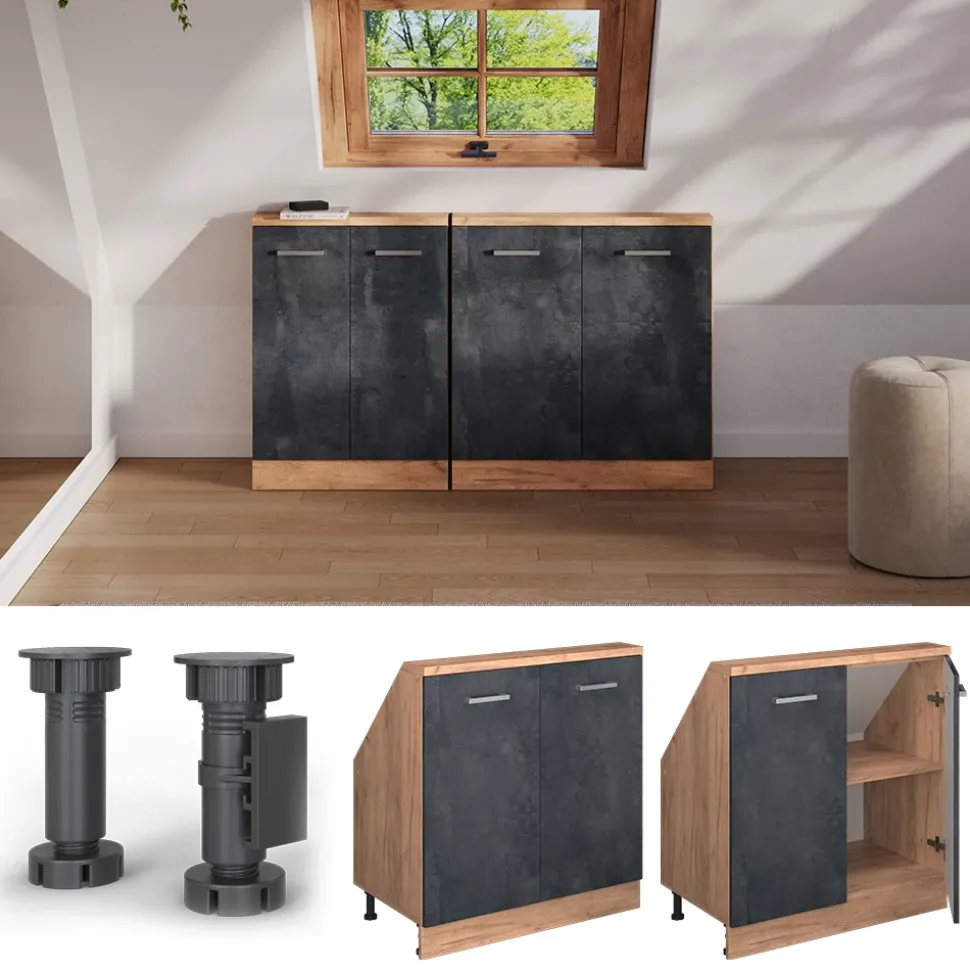 Küchenschrank für Dachschrägen R-Line Schwarz Beton 80 cm mit 2 Türen Vicco