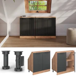 Küchenschrank für Dachschrägen R-Line Anthrazit Landhaus 80 cm mit 2 Türen Vicco