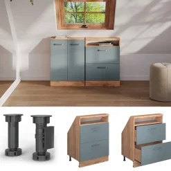 Küchenschrank für Dachschrägen R-Line Blau-Grau 60 cm mit 2 Schubladen Vicco