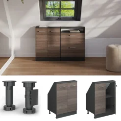 Küchenschrank für Dachschrägen R-Line Edelgrau 60 cm mit 2 Türen Vicco