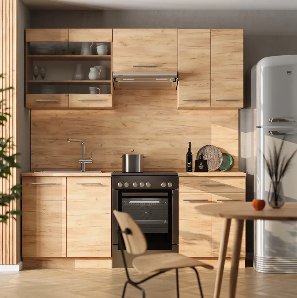 Küchenzeile Fame-Line Goldkraft Eiche 200 cm ohne Arbeitsplatte Vicco