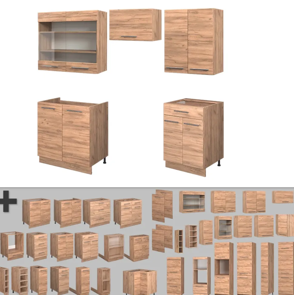 Küchenzeile Fame-Line Goldkraft Eiche 200 cm ohne Arbeitsplatte Vicco