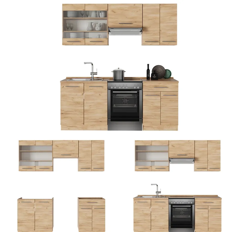 Küchenzeile Fame-Line Goldkraft Eiche 200 cm ohne Arbeitsplatte Vicco