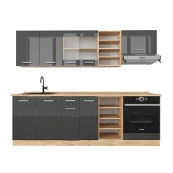 Küchenzeile R-Line Anthrazit Hochglanz/Goldkraft Eiche 240 cm , AP Eiche Vicco