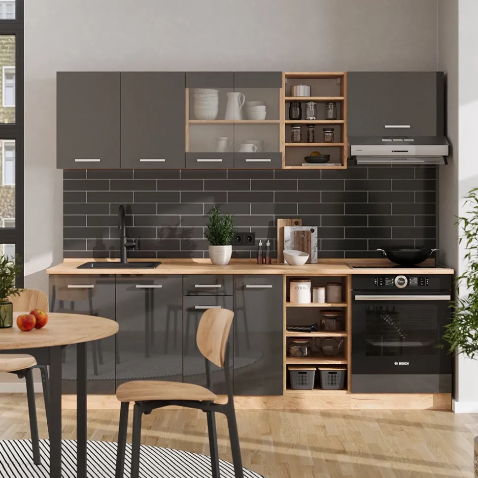 Küchenzeile R-Line Anthrazit Hochglanz/Goldkraft Eiche 240 cm , AP Eiche Vicco