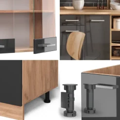 Küchenzeile R-Line Anthrazit Hochglanz/Goldkraft Eiche 240 cm , AP Eiche Vicco