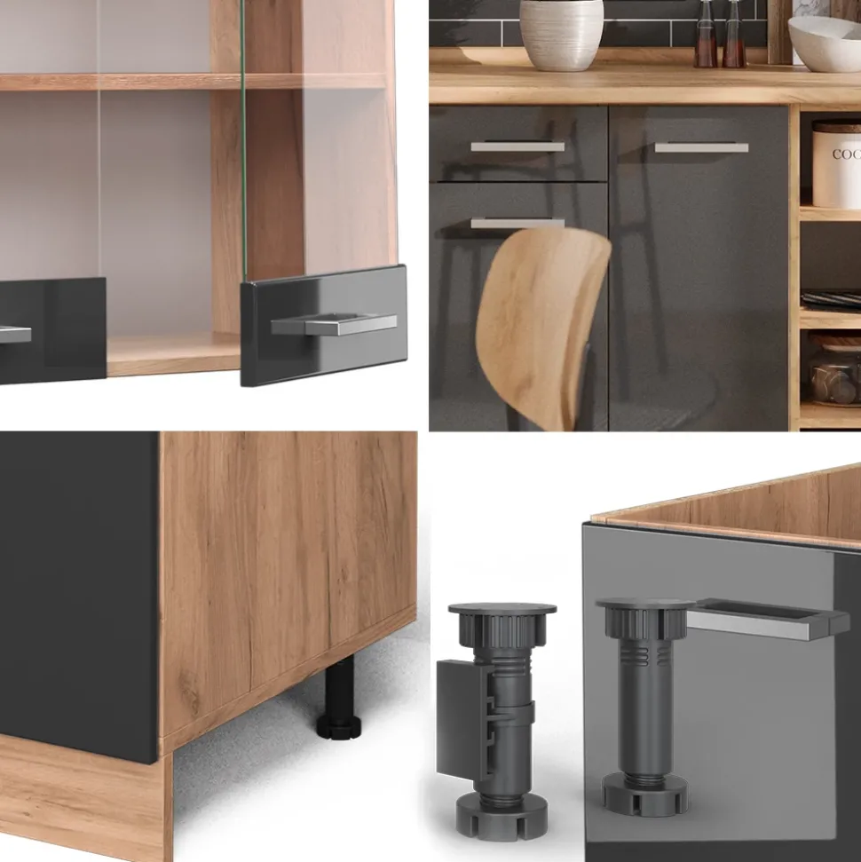 Küchenzeile R-Line Anthrazit Hochglanz/Goldkraft Eiche 240 cm , AP Eiche Vicco