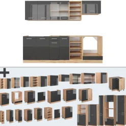 Küchenzeile R-Line Anthrazit Hochglanz/Goldkraft Eiche 240 cm , AP Eiche Vicco