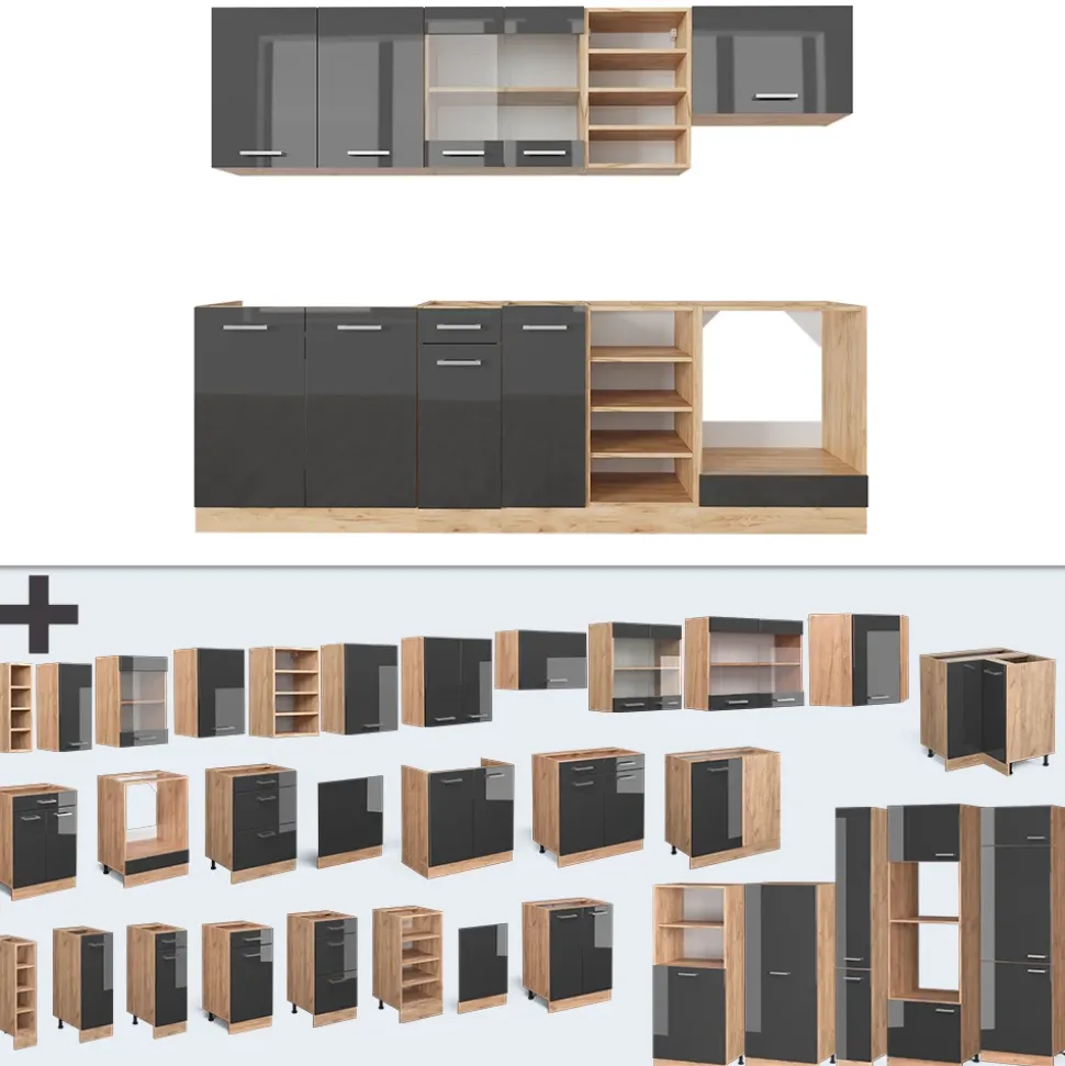 Küchenzeile R-Line Anthrazit Hochglanz/Goldkraft Eiche 240 cm , AP Eiche Vicco