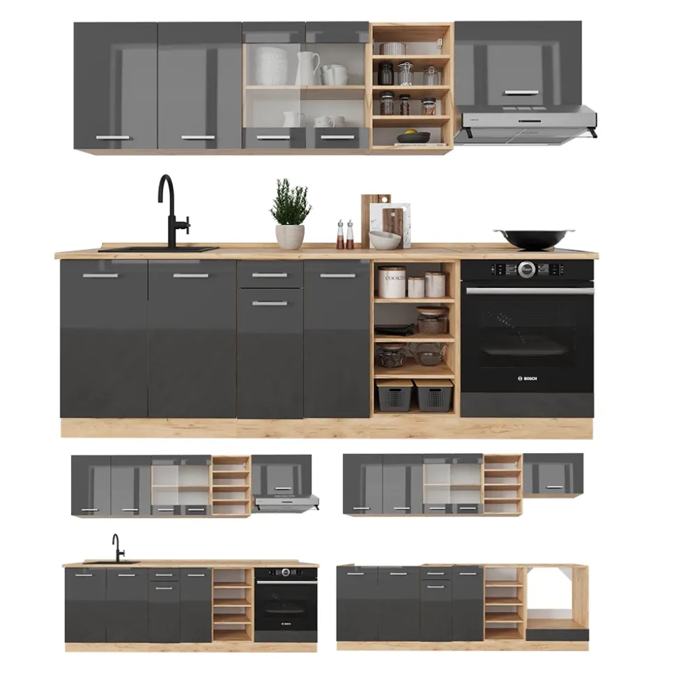 Küchenzeile R-Line Anthrazit Hochglanz/Goldkraft Eiche 240 cm , AP Eiche Vicco