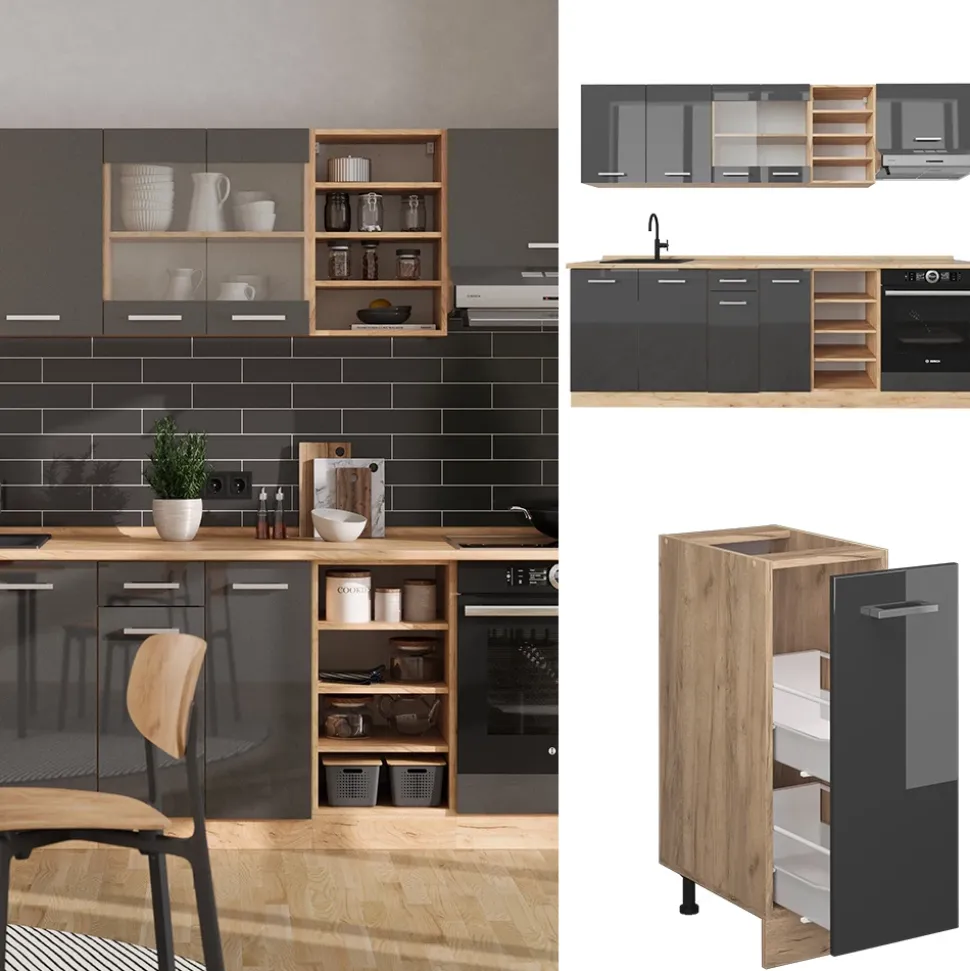 Küchenzeile R-Line Anthrazit Hochglanz/Goldkraft Eiche 240 cm , AP Eiche Vicco