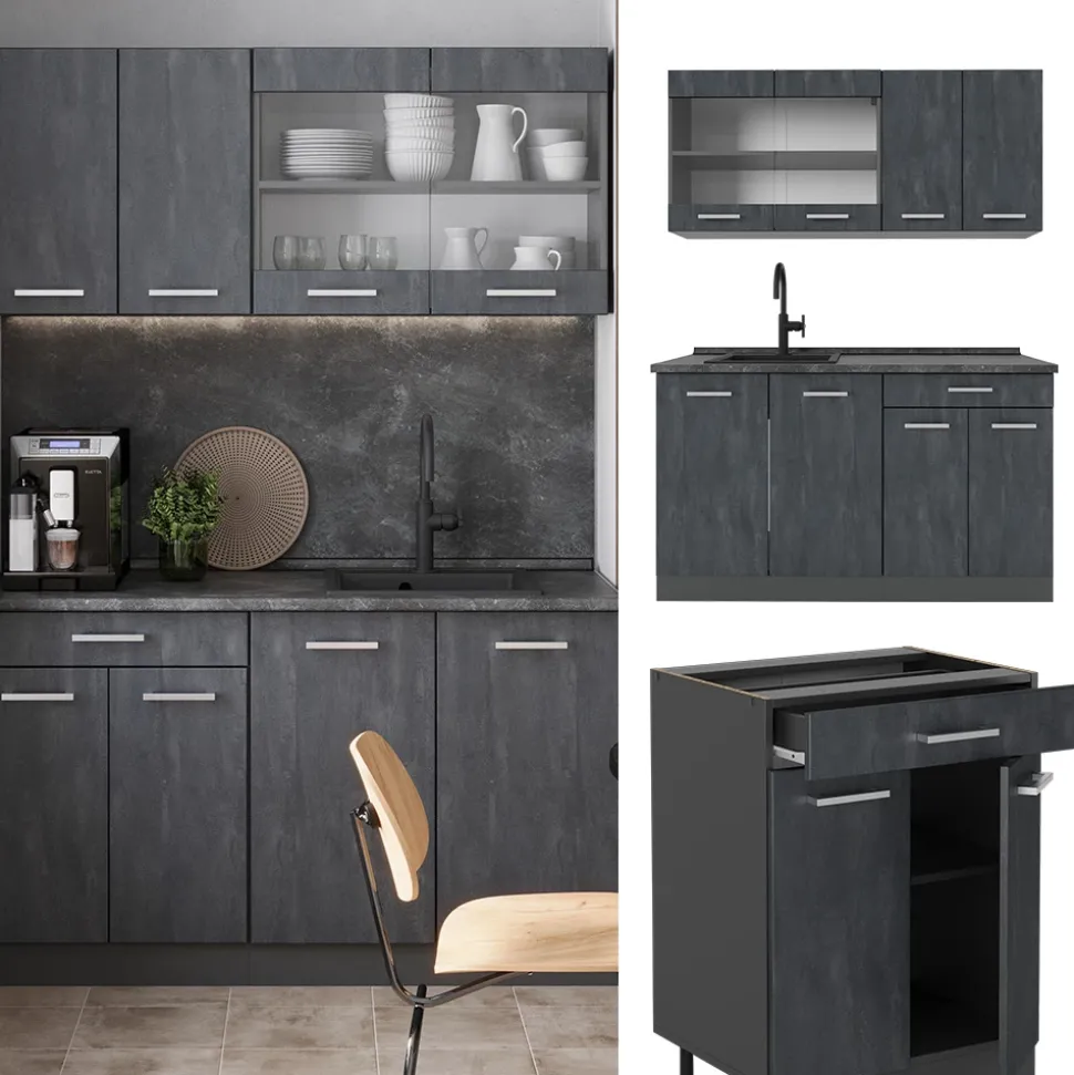 Küchenzeile R-Line Schwarz Beton/Anthrazit 140 cm AP Eiche Vicco