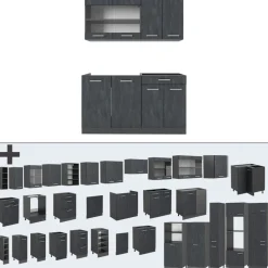 Küchenzeile R-Line Schwarz Beton/Anthrazit 140 cm AP Eiche Vicco