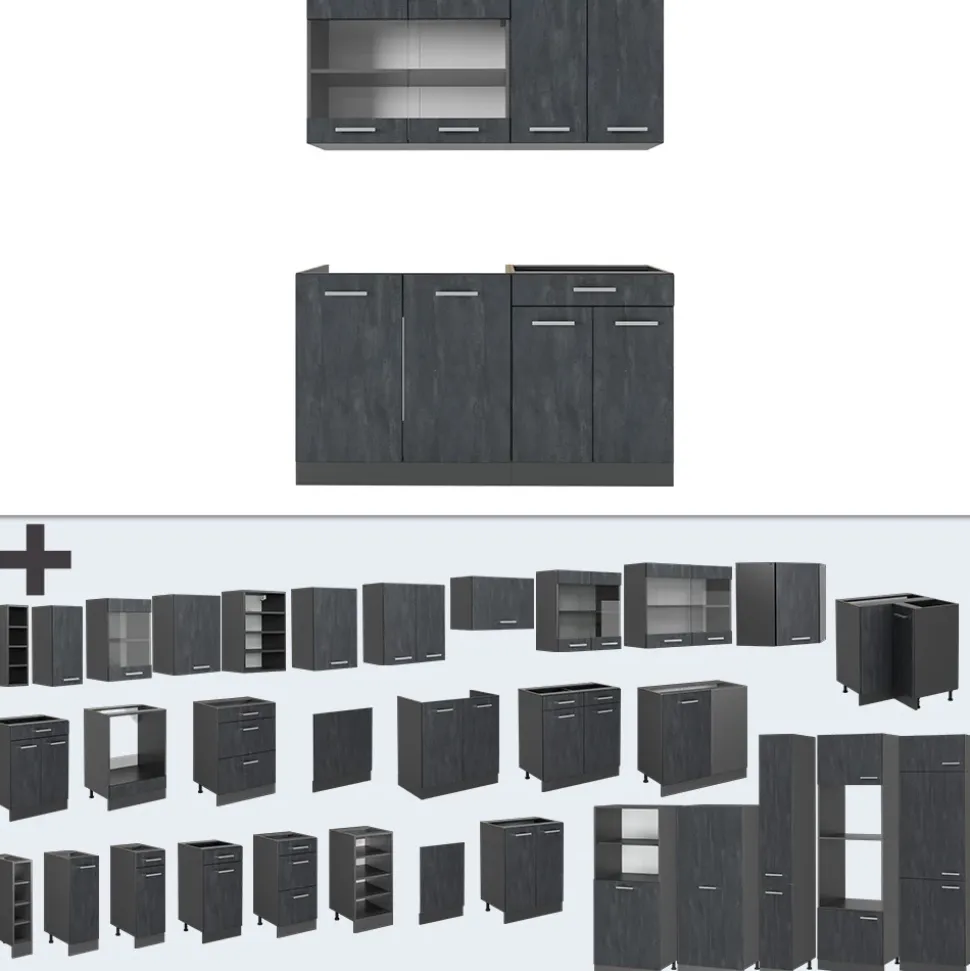 Küchenzeile R-Line Schwarz Beton/Anthrazit 140 cm AP Eiche Vicco