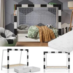 Kinderbett Football goal Weiß 178 x 142.5 cm mit Schublade und Matratze Vitalispa