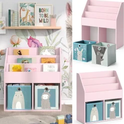 Kinderregal Luigi Rosa 72 x 79 cm mit 2 Faltboxen (Bär, Schaf) Vicco