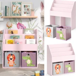 Kinderregal Luigi Rosa 72 x 79 cm mit 2 Faltboxen (Löwe, Krokodil) Vicco