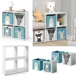 Kinderregal Tetra Weiß 72.6 x 72 cm mit 4 Faltboxen (grau/blau) Vicco