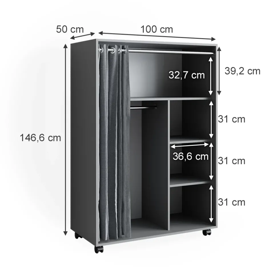 Kleiderschrank Doros Grau 100 x 146.6 cm offen rollbar Vicco